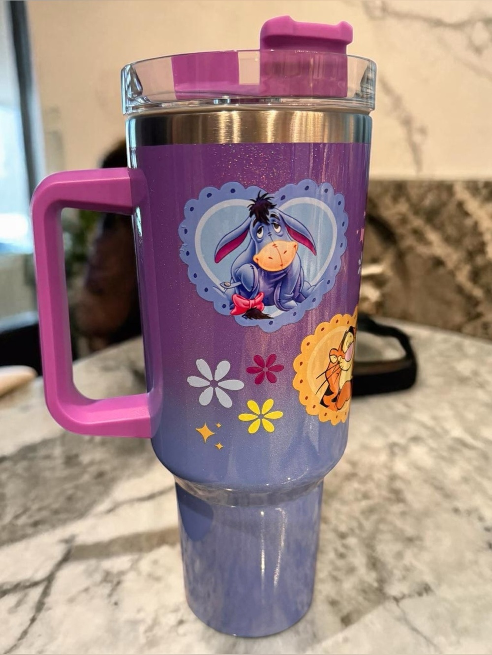Winnie the Pooh Eeyore & Tigger Travel Mug with Pink Handle NEW IN BOX W STRAW